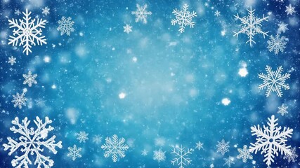 A magical winter celebration scene featuring a flurry of intricate snowflakes falling gently against a sparkling blue background - Powered by Adobe