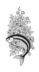 Detailed Fish and Floral Arrangement in Black and White Illustration.