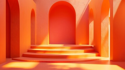 Abstract architectural space with arches and stairs in warm orange tones