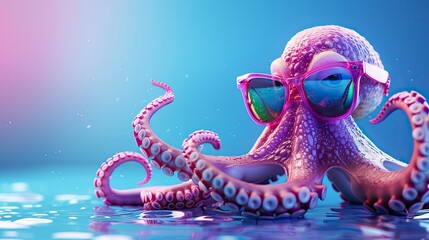 Octopus with rose-colored glasses on a summer day looking cool in the water