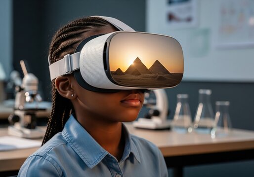Girl wearing vr headset exploring egypt pyramids virtual reality education technology in classroom setting