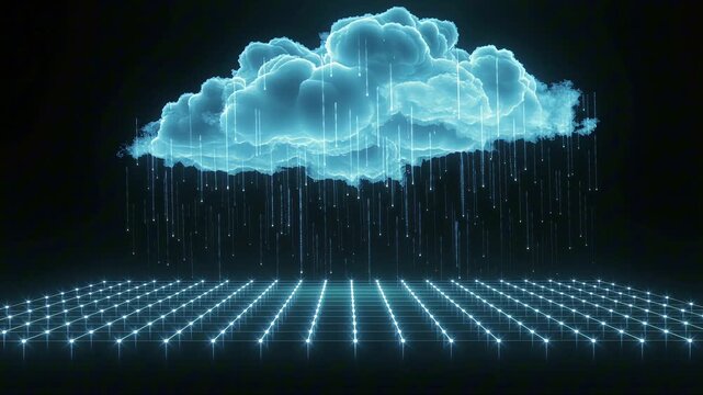 Holographic cyan cloud floating above a glowing light grid on a deep black background, releasing falling light-streak rain in a smooth seamless loop, creating a clean futuristic weather display.