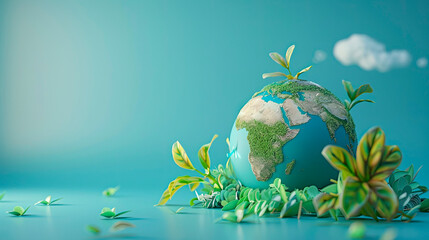 Globe adorned with vibrant green plants, standing as a symbol of Earth's resilience and environmental consciousness