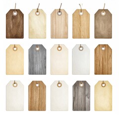 A collection of various wooden and paper price tags.  Different shades of wood and paper textures.  All tags have a small rope loop