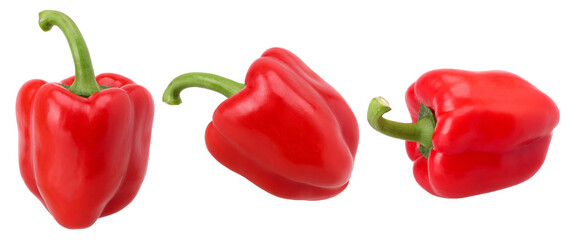 Three fresh red bell peppers (Sweet Red Pepper) isolated, transparent PNG, PNG format
