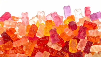 Colorful gummy bears in various shades of pink, orange, and red, piled high, forming a gradient