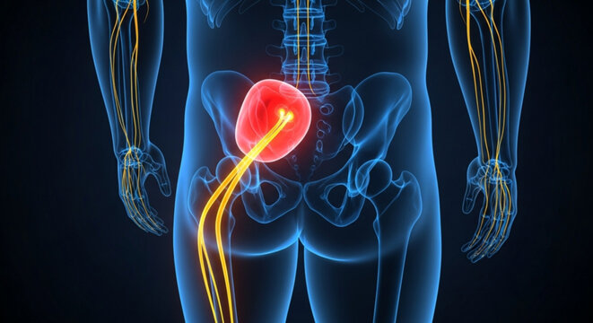 Illustration of the human body showing the urinary system and nerve pathways in the lower abdomen region
