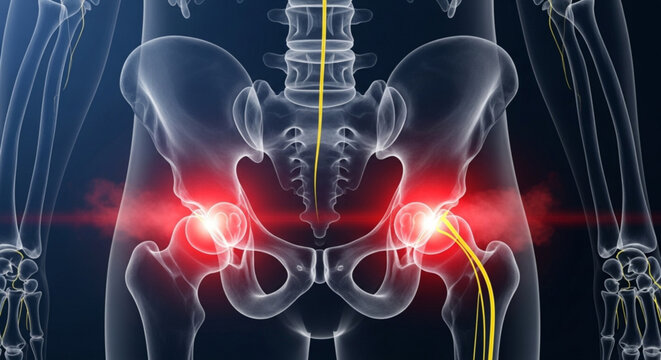 Anatomical illustration of the human pelvis with nerve pathways and areas of highlighted pain shown