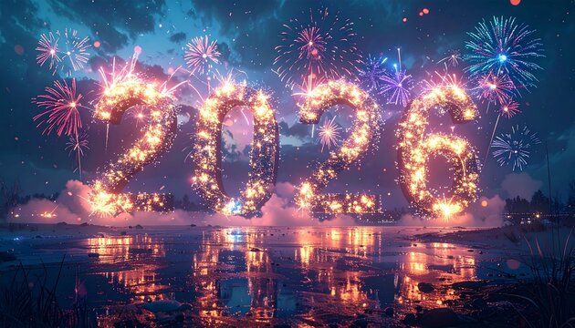 escena de celebraci&oacute;n de A&ntilde;o Nuevo donde fuegos artificiales brillantes en el cielo nocturno forman el n&uacute;mero gigante "2026".