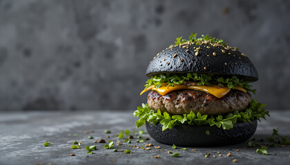 Gourmet Black Charcoal Burger with Fresh Greens on Minimal Gray Stone Background