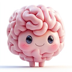 Happy human brain character smiling and standing alone on a white background, very cute