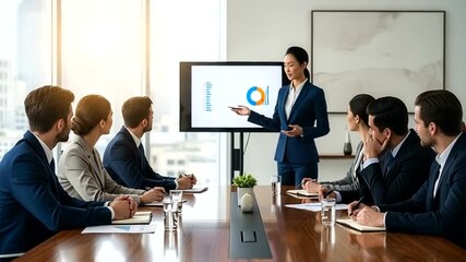 Dynamic business presentation with confident Asian businesswoman sharing insights with diverse team in modern office, fostering collaboration and driving growth - Powered by Adobe