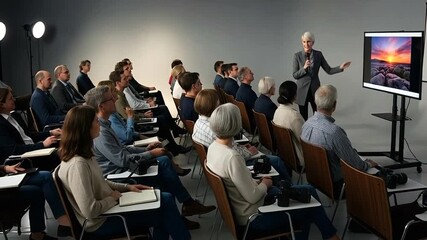 Engaging photography workshop with professional speaker presenting stunning sunset images to attentive audience, fostering creativity and skill development for passionate photographers