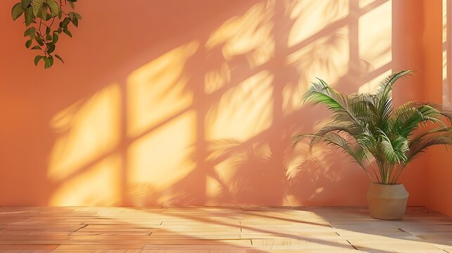Warm sunlight streaming through window grids onto peach wall and floor