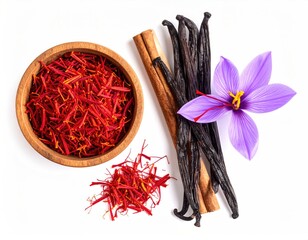 Aromatic spices arranged on a white background.  Saffron threads, a wooden bowl, cinnamon stick, vanilla pods, and a purple saffron flower are arranged in a top-down view