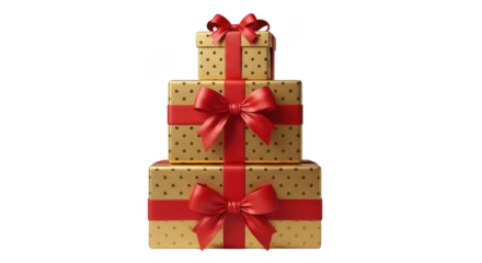 Stack of golden gift boxes with red ribbons isolated on transparent background