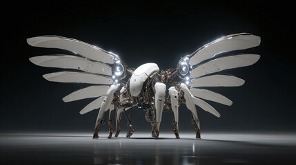 An intricately designed mechanical creature, showcasing advanced engineering and futuristic aesthetic with wings