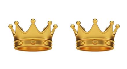 Pair of classic golden crowns, regal symbolism isolated on transparent background
