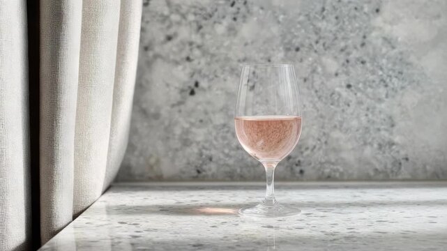 Pink ros&eacute; wine in a stemmed glass on a marble table, with a gray stone wall in the background.