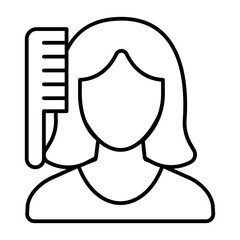 Woman and hairbrush thin line icon, hair care concept. Vector graphics. Lady girl with hair comb, barber avatar sign on white background, style icon mobile or web design.