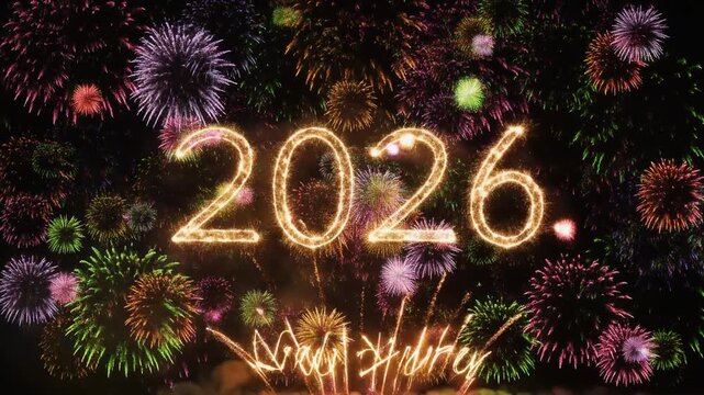 escena de celebraci&oacute;n de A&ntilde;o Nuevo donde fuegos artificiales brillantes en el cielo nocturno forman el n&uacute;mero gigante "2026".