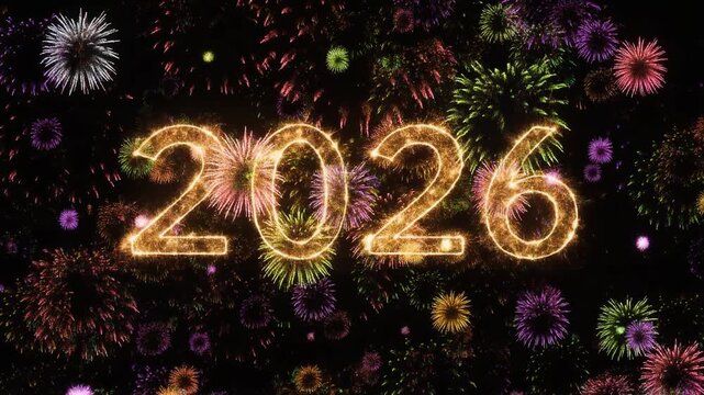 escena de celebraci&oacute;n de A&ntilde;o Nuevo donde fuegos artificiales brillantes en el cielo nocturno forman el n&uacute;mero gigante "2026".