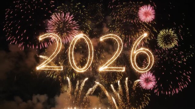 escena de celebraci&oacute;n de A&ntilde;o Nuevo donde fuegos artificiales brillantes en el cielo nocturno forman el n&uacute;mero gigante "2026".