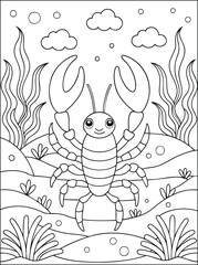 Cartoon lobster in an underwater world line art drawing, perfect for children's coloring book pages and activities