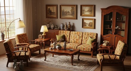 Traditional Living Room with Wooden Furniture and Vintage Decor