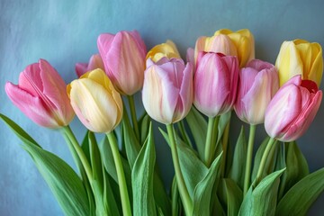A vibrant bouquet of tulips, their petals a mix of pink and yellow hues, arranged in a loose, natural style against a soft blue background.