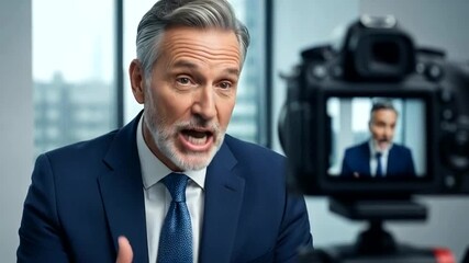 Engaging mature businessman records video message, connecting with audience in modern office setting, ideal for corporate communications and online marketing campaigns