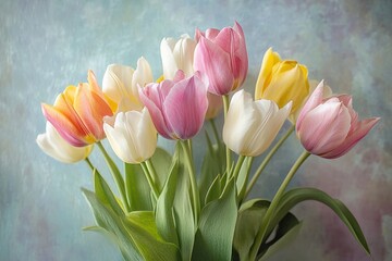 A vibrant bouquet of tulips in a clear glass vase, with a soft pink hue and delicate petals, set against a backdrop of a serene blue sky and lush green foliage.