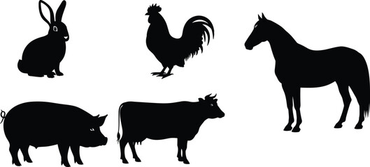 Farm animal silhouette set, rabbit, rooster, horse, pig, cow, black on white, livestock icon, educational graphic, animal shape reference