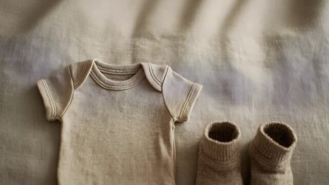 A beige baby onesie and a pair of tiny knitted socks on a light fabric background.
