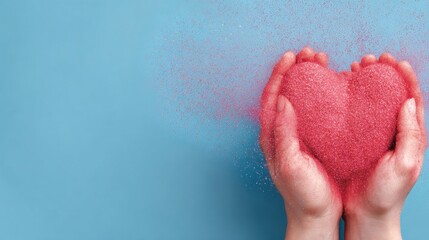 Hands Blowing Sparkling Heart-Shaped Dust in Pastel Colors for a Joyful Celebration