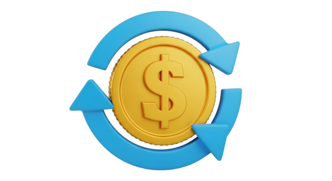 Dollar coin in blue rotating arrows, finance flow isolated on transparent background