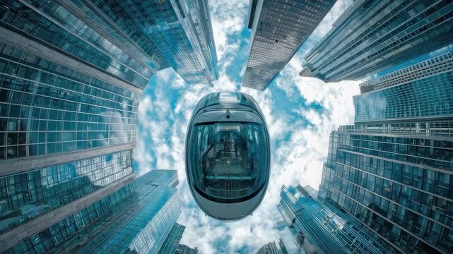 A futuristic glass capsule pod gliding between towering skyscrapers above a city.