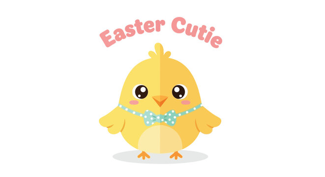 Adorable cartoon easter chick wearing a light blue polka dot bow tie and pink blush on its cheeks