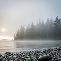 Misty Morning Coastal Scene.