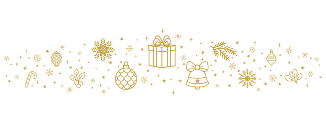 Golden Christmas border with gifts, ornaments and winter foliage, festive holiday ribbon with cheerful seasonal accents