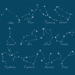 Constellations of shiny stars, glowing zodiac constellations. © diluck