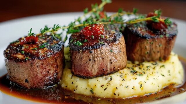 Three seared beef tenderloin medallions atop creamy mashed potatoes with brown sauce and thyme garnish.