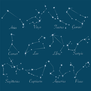 Constellations of shiny stars, glowing zodiac constellations.