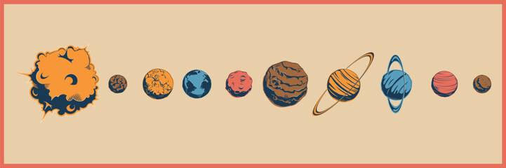 Collection of planets in solar system in retro style. Retro banner planets in solar system.