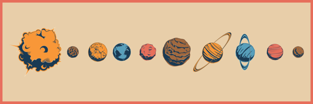 Collection of planets in solar system in retro style. Retro banner planets in solar system.
