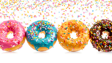 Colourful donuts with sprinkles on white background