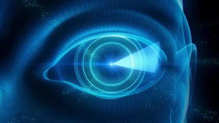 Holographic human eye wireframe glowing in cyan blue, with rotating light rings forming the iris and a sweeping radial scan beam, floating against a pure black background with drifting particles. - Powered by Adobe