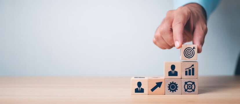 Building Blocks of Success: A hand meticulously places a block with a goal icon, symbolizing the final step towards achieving business objectives.