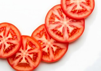Slices of fresh ripe tomato arranged on a white background, showcasing the vibrant red color and intricate seed pattern isolated on white background