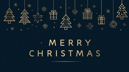A minimalist merry christmas greeting in gold text centered at the top against a dark blue background. Below the text  including stylized Christmas trees, wrapped gift boxes,  ideal for christmas